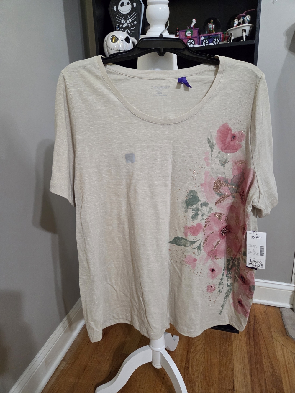 Catherines Petite Cream Short-Sleeve Scoop Neck Tee with Pink Floral Accents